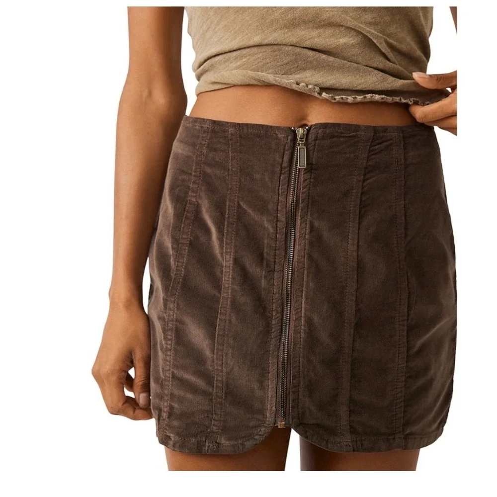 We The Free Free People Brown Corduroy Mini Skirt Size‎ 6 Front Zip Seamed Boho